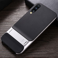 Silicone Matte Finish and Plastic Back Cover Case with Stand R03 for Samsung Galaxy A70S Silver