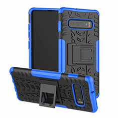 Silicone Matte Finish and Plastic Back Cover Case with Stand R03 for Samsung Galaxy S10 Blue