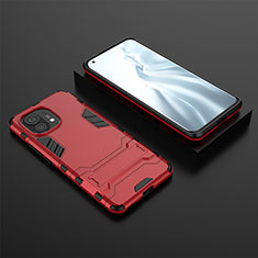 Silicone Matte Finish and Plastic Back Cover Case with Stand R03 for Xiaomi Mi 11 Lite 4G Red