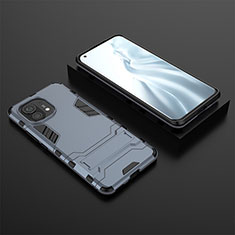 Silicone Matte Finish and Plastic Back Cover Case with Stand R03 for Xiaomi Mi 11 Lite 5G NE Blue