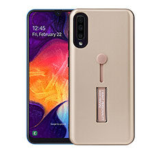 Silicone Matte Finish and Plastic Back Cover Case with Stand R04 for Samsung Galaxy A70S Gold