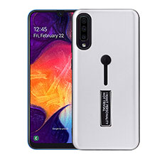 Silicone Matte Finish and Plastic Back Cover Case with Stand R04 for Samsung Galaxy A70S Silver