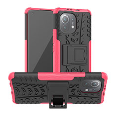 Silicone Matte Finish and Plastic Back Cover Case with Stand R06 for Xiaomi Mi 11 Lite 4G Hot Pink