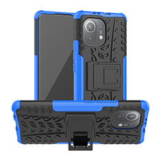 Silicone Matte Finish and Plastic Back Cover Case with Stand R06 for Xiaomi Mi 11 Lite 5G Blue