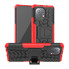 Silicone Matte Finish and Plastic Back Cover Case with Stand R06 for Xiaomi Mi 11 Lite 5G NE Red