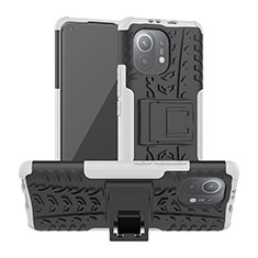 Silicone Matte Finish and Plastic Back Cover Case with Stand R06 for Xiaomi Mi 11 Lite 5G NE White