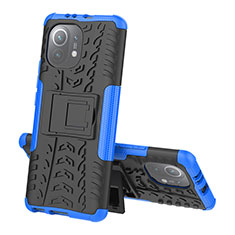 Silicone Matte Finish and Plastic Back Cover Case with Stand R07 for Xiaomi Mi 11 Lite 5G NE Blue