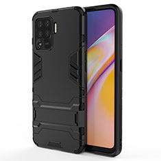 Silicone Matte Finish and Plastic Back Cover Case with Stand T01 for Oppo F19 Pro Black