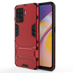 Silicone Matte Finish and Plastic Back Cover Case with Stand T01 for Oppo F19 Pro Red