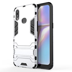 Silicone Matte Finish and Plastic Back Cover Case with Stand T01 for Samsung Galaxy A10s Silver