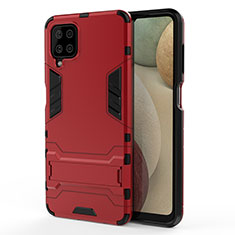 Silicone Matte Finish and Plastic Back Cover Case with Stand T01 for Samsung Galaxy A12 Nacho Red