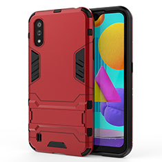 Silicone Matte Finish and Plastic Back Cover Case with Stand T01 for Samsung Galaxy M01 Red