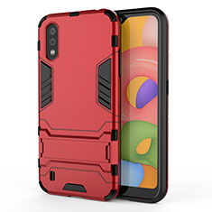 Silicone Matte Finish and Plastic Back Cover Case with Stand T02 for Samsung Galaxy A01 SM-A015 Red