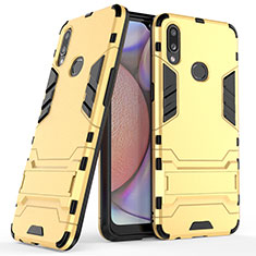 Silicone Matte Finish and Plastic Back Cover Case with Stand T02 for Samsung Galaxy A10s Gold