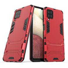 Silicone Matte Finish and Plastic Back Cover Case with Stand T02 for Samsung Galaxy A12 5G Red