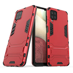 Silicone Matte Finish and Plastic Back Cover Case with Stand T02 for Samsung Galaxy A12 Nacho Red