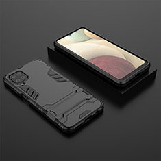 Silicone Matte Finish and Plastic Back Cover Case with Stand T04 for Samsung Galaxy M12 Black