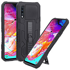 Silicone Matte Finish and Plastic Back Cover Case with Stand ZJ1 for Samsung Galaxy A70 Black