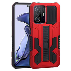 Silicone Matte Finish and Plastic Back Cover Case with Stand ZJ1 for Xiaomi Mi 11T 5G Red