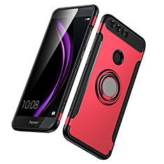 Silicone Matte Finish and Plastic Back Cover with Finger Ring Stand for Huawei Honor 8 Red