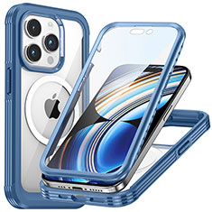 Silicone Transparent Frame Case Cover 360 Degrees with Mag-Safe Magnetic T01 for Apple iPhone 15 Pro Max Blue