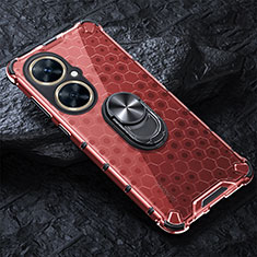 Silicone Transparent Mirror Frame Case 360 Degrees with Magnetic Finger Ring Stand AM1 for Huawei Nova 11i Red