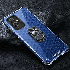 Silicone Transparent Mirror Frame Case 360 Degrees with Magnetic Finger Ring Stand AM1 for OnePlus 9 5G Blue