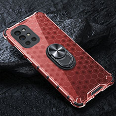 Silicone Transparent Mirror Frame Case 360 Degrees with Magnetic Finger Ring Stand AM1 for OnePlus 9R 5G Red