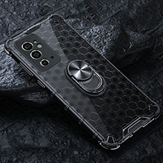 Silicone Transparent Mirror Frame Case 360 Degrees with Magnetic Finger Ring Stand AM1 for OnePlus 9RT 5G Black