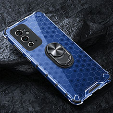 Silicone Transparent Mirror Frame Case 360 Degrees with Magnetic Finger Ring Stand AM1 for OnePlus 9RT 5G Blue