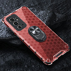 Silicone Transparent Mirror Frame Case 360 Degrees with Magnetic Finger Ring Stand AM1 for OnePlus 9RT 5G Red