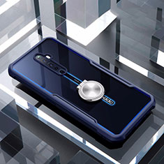 Silicone Transparent Mirror Frame Case 360 Degrees with Magnetic Finger Ring Stand for Oppo Reno2 Z Blue