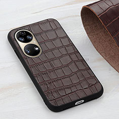 Soft Luxury Leather Snap On Case Cover B04H for Huawei P50 Pro Brown