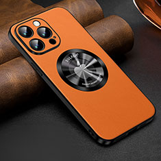 Soft Luxury Leather Snap On Case Cover with Mag-Safe Magnetic LD2 for Apple iPhone 15 Pro Max Orange