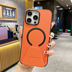 Soft Luxury Leather Snap On Case Cover with Mag-Safe Magnetic QC2 for Apple iPhone 15 Pro Max Orange