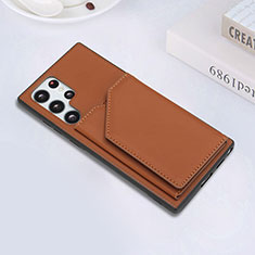 Soft Luxury Leather Snap On Case Cover Y02B for Samsung Galaxy S22 Ultra 5G Brown