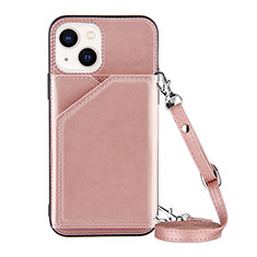 Soft Luxury Leather Snap On Case Cover Y04B for Apple iPhone 14 Rose Gold