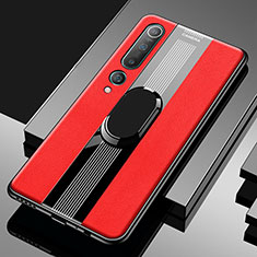 Soft Silicone Gel Leather Snap On Case Cover with Magnetic Finger Ring Stand A01 for Xiaomi Mi 10 Red