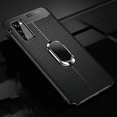 Soft Silicone Gel Leather Snap On Case Cover with Magnetic Finger Ring Stand for Huawei Honor V30 5G Black