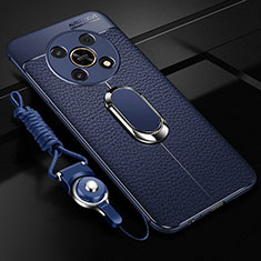 Soft Silicone Gel Leather Snap On Case Cover with Magnetic Finger Ring Stand for Huawei Honor X9 5G Blue