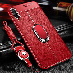 Soft Silicone Gel Leather Snap On Case Cover with Magnetic Finger Ring Stand for Huawei P Smart Pro (2019) Red