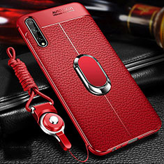 Soft Silicone Gel Leather Snap On Case Cover with Magnetic Finger Ring Stand for Huawei P smart S Red