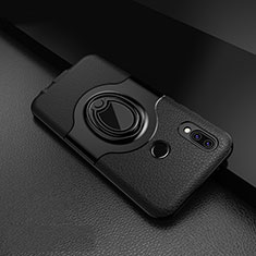 Soft Silicone Gel Leather Snap On Case Cover with Magnetic Finger Ring Stand for Huawei P20 Lite Black