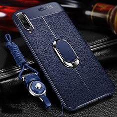Soft Silicone Gel Leather Snap On Case Cover with Magnetic Finger Ring Stand for Huawei Y9s Blue