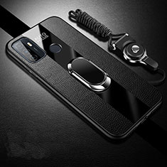 Soft Silicone Gel Leather Snap On Case Cover with Magnetic Finger Ring Stand for Oppo A11s Black