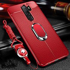 Soft Silicone Gel Leather Snap On Case Cover with Magnetic Finger Ring Stand for Oppo A11X Red