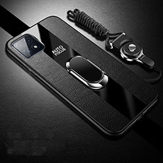 Soft Silicone Gel Leather Snap On Case Cover with Magnetic Finger Ring Stand for Oppo A53 5G Black