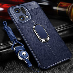 Soft Silicone Gel Leather Snap On Case Cover with Magnetic Finger Ring Stand for Oppo Find X5 Pro 5G Blue