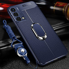 Soft Silicone Gel Leather Snap On Case Cover with Magnetic Finger Ring Stand for Oppo K9 5G Blue