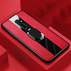 Soft Silicone Gel Leather Snap On Case Cover with Magnetic Finger Ring Stand for Oppo Reno Ace Red